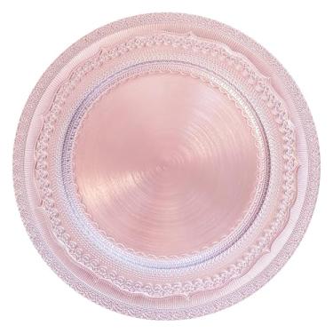 Imagem de Placas carregadoras rosa de 33 cm, conjunto de 6 placas de carregamento elegantes em relevo de renda, carregadores redondos para prato de jantar, mesa reutilizável para festa ou evento