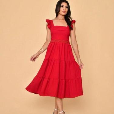 Imagem de Vestido midi luxo duna lisa com babada na manga e renda na cintura 001