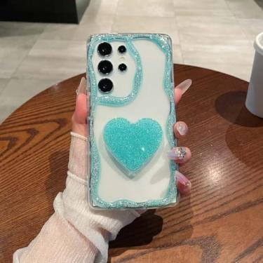 Imagem de Capa de celular transparente com glitter para Samsung S24 ULTRA S23 PLUS A55 A54 A53 A52 A13 A14 A25 Capa de suporte com padrão ondulado de lantejoulas fofas, azul-celeste, para Samsung S24ULTRA