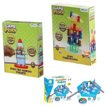 Imagem de Kit Brinquedos Pedagógicos Jogo Torre Maluca + Tira Varetas Foguete + Pinguim Numa Fria