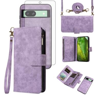 Imagem de Asuwish Capa de celular para Google Pixel 8A 5G carteira com zíper destacável com protetor de tela de vidro temperado alça transversal alça flip porta-cartões Pixel8A A8 mulheres homens meninas roxo