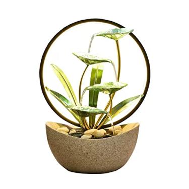 Imagem de Fonte de mesa Fontes de mesa fontes de relaxamento de folhas de lótus internas fonte de decoração de cachoeira de mesa com luz de cena redonda, C 11,8" × L 19,8 cm × A 38,9 cm Fonte interna