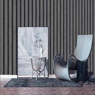 Imagem de mwpqbd Papel de parede nórdico moderno minimalista para TV fundo PVC quarto sala de estar destacar e colar papel de parede 3D imitação de grão de madeira (cinza escuro)