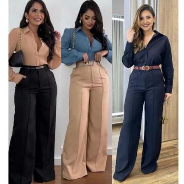 Imagem de Conjunto Feminino Alfaiataria calça pantalona e blusa social manga lon