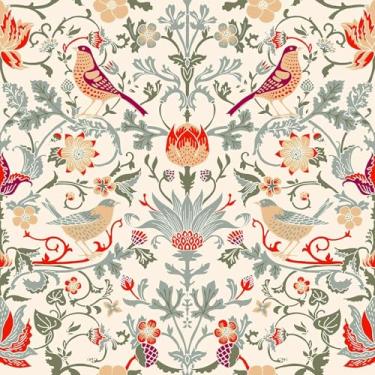 Imagem de ReWallpaper Papel de parede vintage William Morris de 44,5 cm x 12 m para destacar e colar papel de parede floral bege com pássaros para paredes de quarto