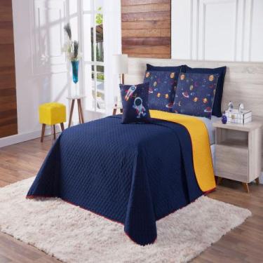 Imagem de Cobre Leito Queen Astronauta Marinho e Amarelo Enxovais Aquarela 7 peç