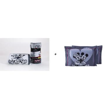 Imagem de Kit Manta Cobertor Solteiro + Fronha Mickey & Minnie Disney - 2 Peças 
