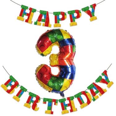 Imagem de Building Block 3rd Birthday Banner with Magic Colorful Block Big Number 3 Balloon Party Supplies Kids Birthday Decorations Bricks Themed Party Decor