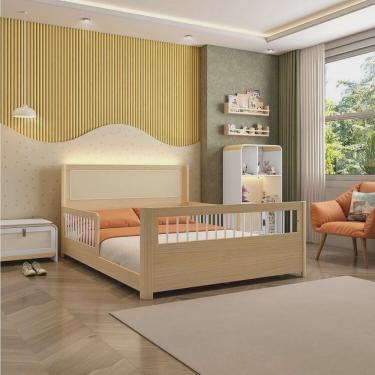 Imagem de Cama Casal Wave Montessoriana Led com Rattan, Grade de Proteção e Peseira Palitos Casatema