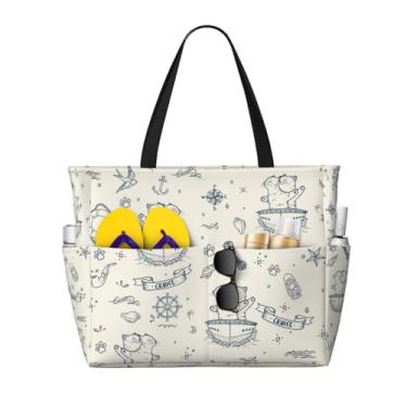 Imagem de NLZI Bolsa de praia feminina para praia, impermeável, à prova de areia, grande, com zíper, grande capacidade para viagens de férias, Gato branco, One Size