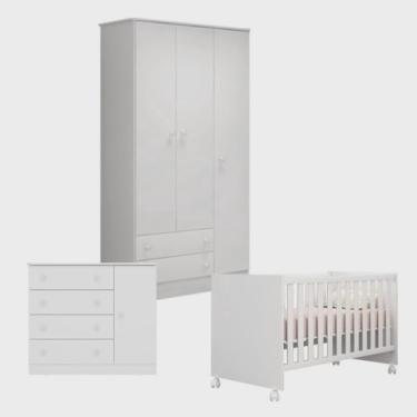 Imagem de Kit Quarto Bebê Completo Berço com Rodízios Guarda Roupa e Cômoda Linha Doce Sonho Branco Qmovi