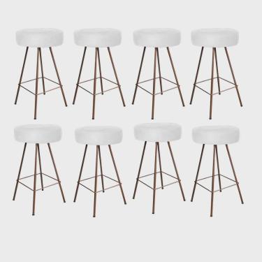 Imagem de Kit 08 Banqueta Alta Laisa Industrial Redonda Cozinha Bar Balcão Bistrô Ferro Bronze Tecido Sintético Branco - Ahz Móveis