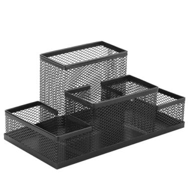 Imagem de Porta-lápis organizador de mesa de malha metálica multifuncional para armazenamento de escritório doméstico preto, suporte de lápis