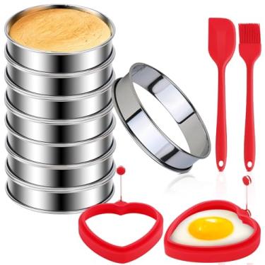 Imagem de Anéis de muffin inglês, 8 peças de anéis de torta de amassados duplos de 10 cm com 2 anéis de silicone para panqueca/ovo, 1 pincel e 1 espátula, anéis de cozinha de aço inoxidável para assar, anéis de