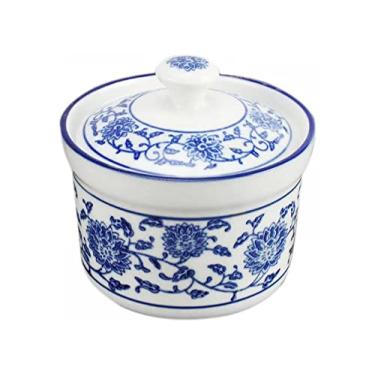 Imagem de 123Arts Tigela de açúcar de cerâmica pote de sopa azul e branco pote de armazenamento pote de tempero com tampa