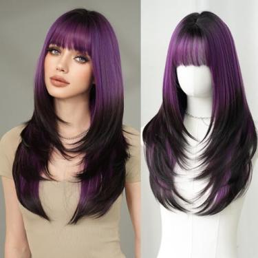 Imagem de 7JHH WIGS Peruca Sintética Longa, Reta E Roxa Com Franja, 25 Polegadas, Cabelo Em Camadas, Tintura De Rabo, Preta, Fibra Sintética Resistente Ao Coração, Aparência Natural, Perucas Para Mulheres, F