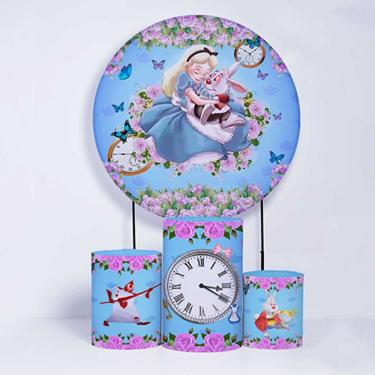 Imagem de Kit Painel de Festa Redondo de 1,50m e Trio de Cilindros Alice no País das Maravilhas - Fera Print