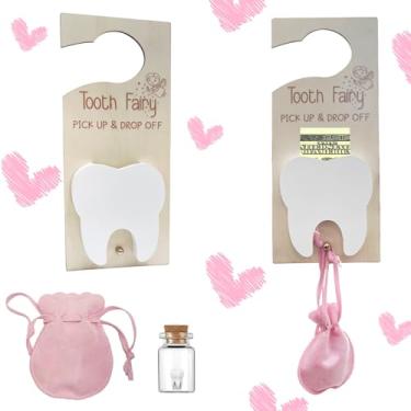 Imagem de 3 peças de cabide de porta de fada dos dentes, suporte de dente com garrafa de armazenamento de dentes, bolsa de veludo e lembrança de slot para dinheiro, cabide de porta de dente de madeira para os