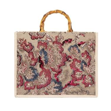 Imagem de Abvokury Bolsa de mão floral bordada com alça de bambu para festa de casamento, rosa
