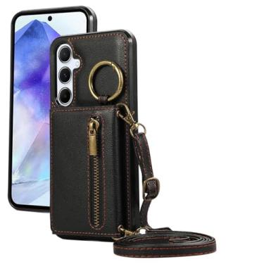 Imagem de HJZSZX Para Samsung A25 (4G 5G) Cordão Anel Couro Zip Carteira Cartão Capa de Telefone (Para Samsung A25 (4G 5G)/preto)