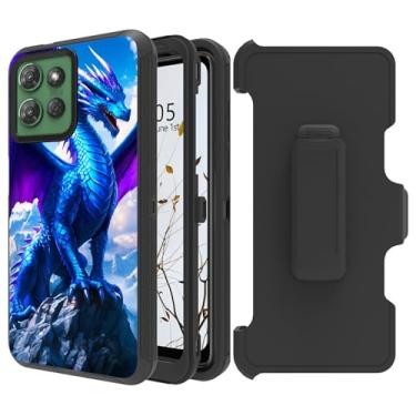 Imagem de Dikoer Capa coldre com clipe de cinto para Motorola Moto G Stylus 5G 2025 com suporte giratório de 360 graus, proteção total à prova de impacto, capa robusta para mulheres e homens, dragão legal azul