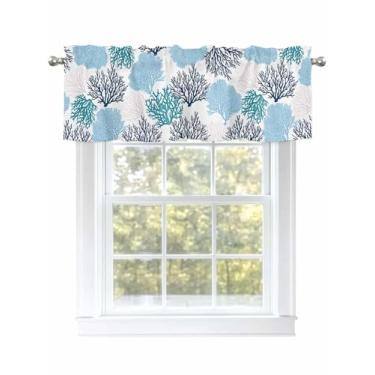 Imagem de Cortinas abstratas de textura coral para janelas com bolso de varão cortinas de verão azul oceano pequena lavável janela tratamento para cozinha, sala de estar, quarto, banheiro, 106 x 30 cm, 1 painel