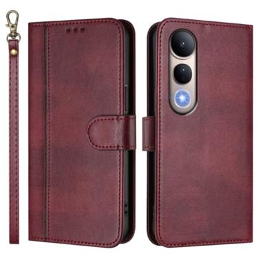 Imagem de Capa carteira flip de couro PU para VIVO V50 Lite 5G, capa de telefone com alça de pulso, 3 compartimentos para cartão + bolso para dinheiro, fecho magnético, suporte antiqueda e compatível com