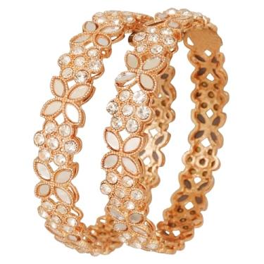 Imagem de Touchstone NOVO Bollywood indiano feito à mão floral trabalho tradicional Mughal Kundan Polki diamante look designer joias pulseiras grossas pulseira em tom dourado. Conjunto de 2. Para mulheres., Sem pedras preciosas