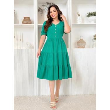 Imagem de Vestido Midi Soltinho Malha Lese de Festa Convidads - Fashion, Verde, 