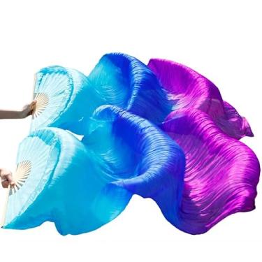 Imagem de SNOWAQUA Ventoinhas de véu de seda sintética para dança do ventre, 1 par (esquerda + direita) véus longos de bambu de seda sintética, leques de seda para dança do ventre feitos à mão, performance de dança (Estilo5, 90 x 187 cm)