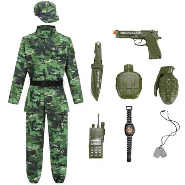 Imagem de yolsun Fantasia camuflada do exército de combate para crianças, fantasia de exército para meninos, uniforme de soldado militar, fantasia de festa de Halloween (camuflagem verde escuro, 8 a 10 anos)