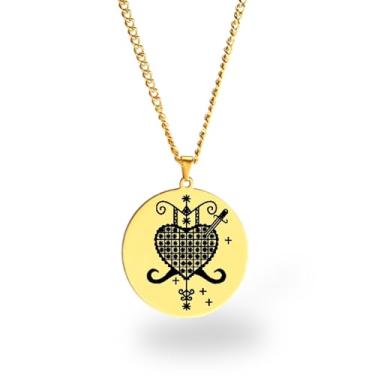 Imagem de Colar Vevê Vodu – Pingente com Símbolos dos Lwas em Aço Inoxidável (Prata, Ouro ou Preto) • Amuleto Espiritual Afro-Caribenho de Proteção, Magia e Fé (Erzuli Danto, Dourado)
