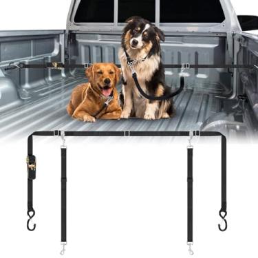 Imagem de Abbylike Sistema de coleira de cachorro para cama de caminhão para dois cães catraca aperto ajustável pet pickup sistema de amarração carro arnês duplo correia de cinto de segurança para caminhonete