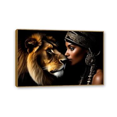 Imagem de SDYJ6GSW Quadro de teca Leão e Mulher Arte de Parede Tela Pinturas de Mulher Negra Decoração de Parede Leão Africano Arte de Parede Pronto para Pendurar para Sala de Estar Quarto Escritório 30 x 20 cm