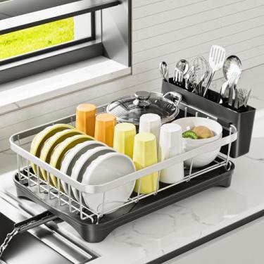 Imagem de arshray Escorredor de pratos de aço inoxidável 304 para bancada de cozinha, coador com bandeja de drenagem ajustável, escorredor de cozinha com suporte de talheres, preto