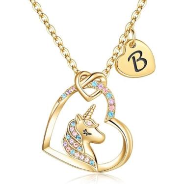Imagem de Unicorn Necklace Gifts for Girls Daughter - Colorful Heart Pendant Initial Unicorn Necklaces for Girl Teens Little Girls Jewelry Birthday Gift (B)