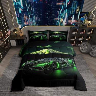 Imagem de Cama de carro esportivo radical para meninos, verde, carro de corrida, conjunto de colcha, para meninos, decoração de quarto de meninos, decoração de aniversário de carros 3D, para crianças, com 1
