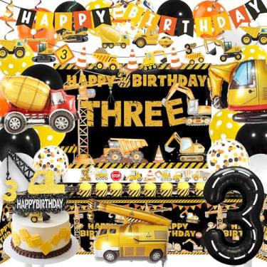 Imagem de Construction 3rd Birthday Party Supplies,Dump Truck 3rd Birthday Party Decorations,3rd Birthday Party Decorations Boy,Excavator 3rd Decorations for Birthday Party.