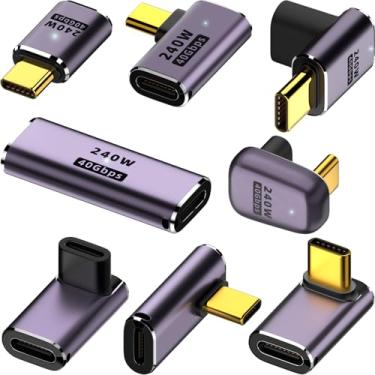 Imagem de Pacote com 8 adaptadores USB C 240W 40Gbps 8K 60Hz, ângulo reto de 90 graus, reto, em forma de U, fêmea para macho, extensor USB C fêmea para fêmea para Steam Deck, ROG Ally, Meta Quest, iPad, MacBook