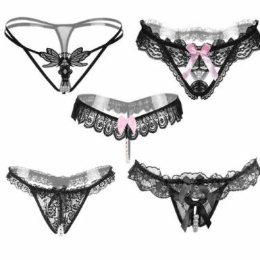 Imagem de Kit 5 Tangas de Renda Sexy Fio Dental Transparente Preto ElaShopp, Pre
