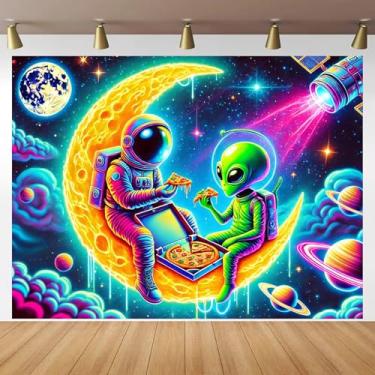 Imagem de BlissYard Tapeçaria Astronaut Alien Pizza Blacklight 198 x 139 cm Brilha no Escuro Trippy Space Wall Hanging UV Reactive Galaxy Neon Decoração de parede para quarto, dormitório, estúdio, sala de jogos