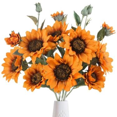 Imagem de Fqueelvys Flores artificiais de girassol laranja, girassóis falsos com hastes longas, 3 peças de flores de seda falsas para decoração de outono para noiva segurando mesa de festa de casamento
