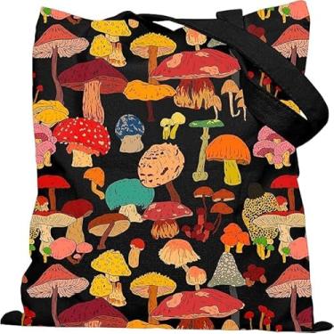 Imagem de METALPHA Sacola estética para mulheres e meninas - Sacola de lona estampada dupla face com fecho de pressão e bolso, Cogumelo colorido, One Size
