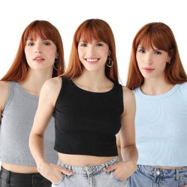 Imagem de Kit 3 Blusas Feminina Cropped Ribana Algodão Premium - 77VS LEVOSCH, P