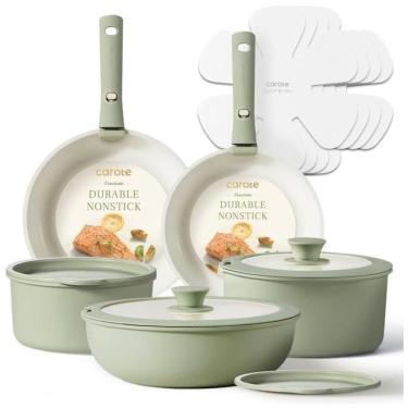 Imagem de Jogo de Panelas CAROTE, Jogo de Utensílios de Cozinha Antiaderente com Cabo Removível, 15 peças Verde Sálvia