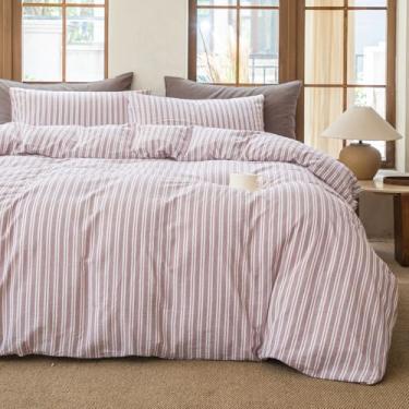 Imagem de BESTDESIL Conjunto de capa de edredom listrado 100% algodão lavado, como roupa de cama macia e respirável (roxo, Queen)