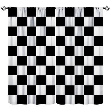 Imagem de YCness Cortinas de corrida para adolescentes, decoração de quarto de jogos, preto, branco, bandeira quadriculada, arte impressa, cortinas de janela para quarto de crianças, sala de estar, berçário