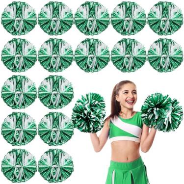 Imagem de Yunsailing Pacote com 50 pompons de líder de torcida com alça de plástico metálico para dança, jogos, esportes de esquadrão, apresentações de palco, celebração de carnaval (verde brilho/branco fosco)