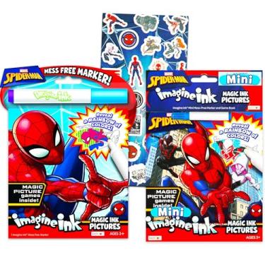 Imagem de Conjunto de livros de colorir Marvel Homem-Aranha Imagine Ink – 2 livros sem bagunça com adesivos, canetas mágicas sem bagunça, jogos, quebra-cabeças, labirintos e atividades
