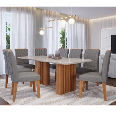 Imagem de Conjunto Sala de Jantar Mesa 210cm Ester com 8 Cadeiras Carla Cimol - Cinamomo/Off white/Linho Grafite